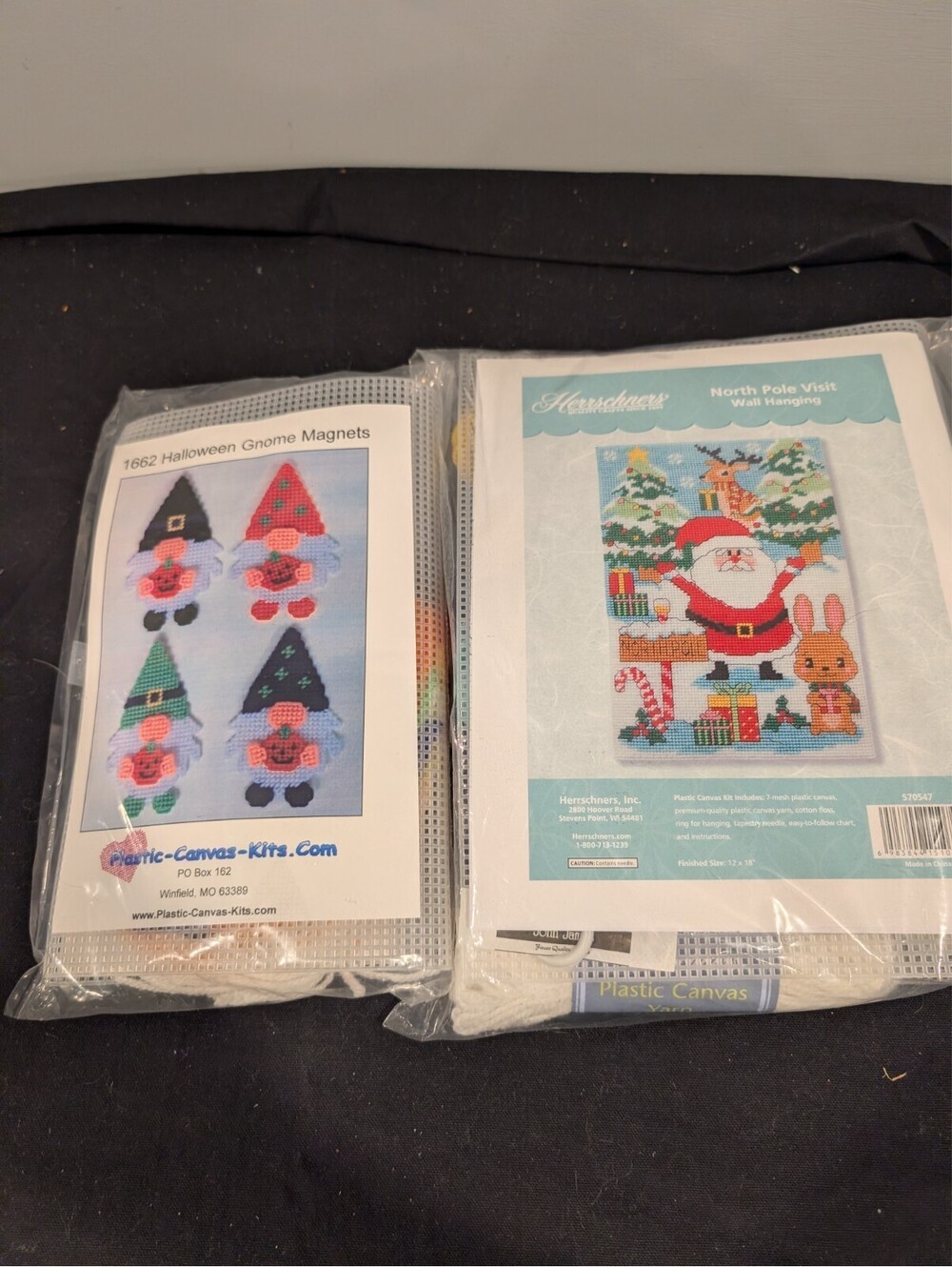 2 Holiday Plastic Canvas Kits Herrschners Santa Wall Hanging Halloween Gnomes